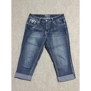 Love Indigo Jeans Womens 10 Blue Cuffed Embellished Pocket Cropped Capris Denim